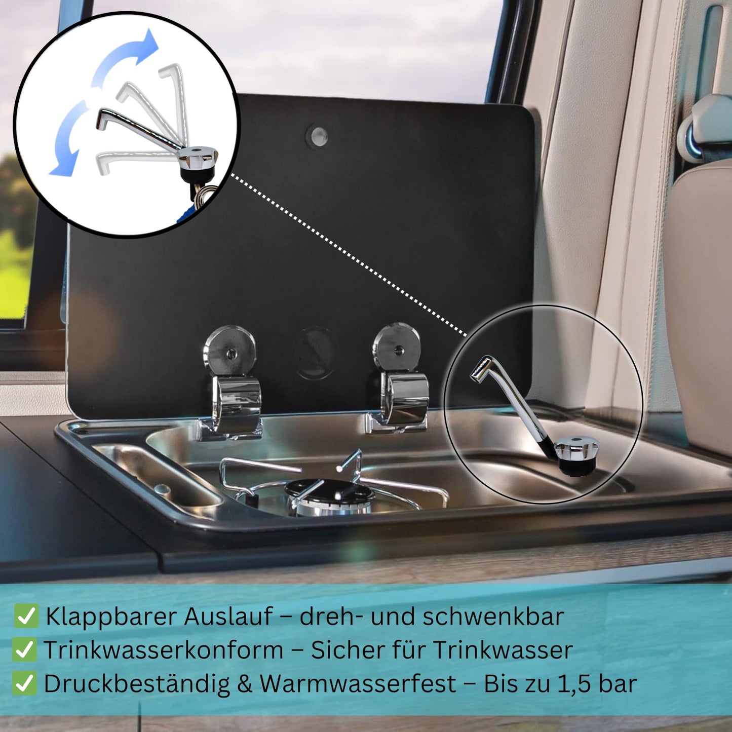Comet faucet NOVO 12v for RV - With 10 mm connection (cold), Black/Chrome, Compact camping faucet suitable with pump, Ideal for RV sinks.