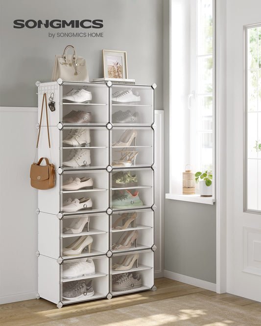 SONGMICS Shoe Rack, Shoe Cabinet with 10 Compartments, for Closet and Entryway, for up to 40 Pairs of Shoes, Adjustable, Cloud White-Transparent LPC035W01