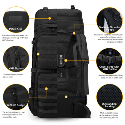 Mardingtop 75L Tactical Backpack with Rain Cover, MOLLE System Hiking Backpack Large Capacity Outdoor Backpack for Trekking, Hiking, and Camping.
