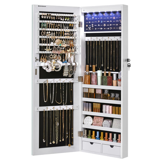 SONGMICS Jewelry Cabinet with Full-Length Mirror, Jewelry Storage with 6 LED Lights, Hang on Door or Mount on Wall, Large Capacity, 2 Drawers, White JJC99WT