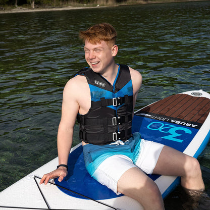 Like the adult V210 life jacket, a lightweight swim aid for men & women, 50N buoyancy vest for SUP, swimming, kayaking, impact protection vest for wakeboarding, water skiing, jet skiing.