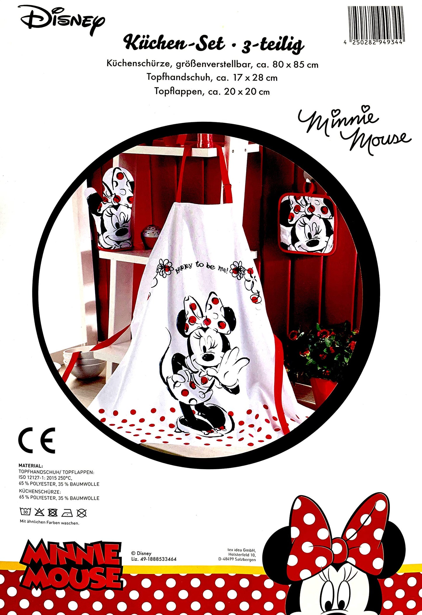 Gift idea for Walt Disney Minnie Mouse fans: apron set with Minnie Mouse mini apron. 65% polyester/35% cotton.