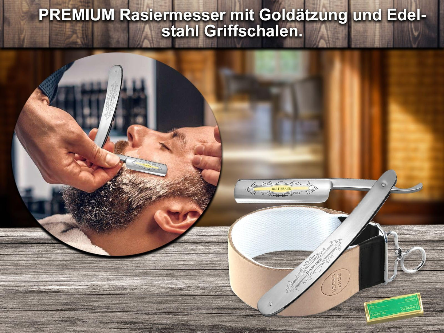 Gift Set Straight Razor Set Paste from Solingen with professional combination leather and cotton strop and a stainless steel razor from InstrumenteNrw based in Germany