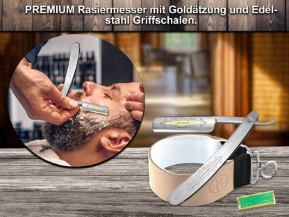 Gift Set Straight Razor Set Paste from Solingen with professional combination leather and cotton strop and a stainless steel razor from InstrumenteNrw based in Germany