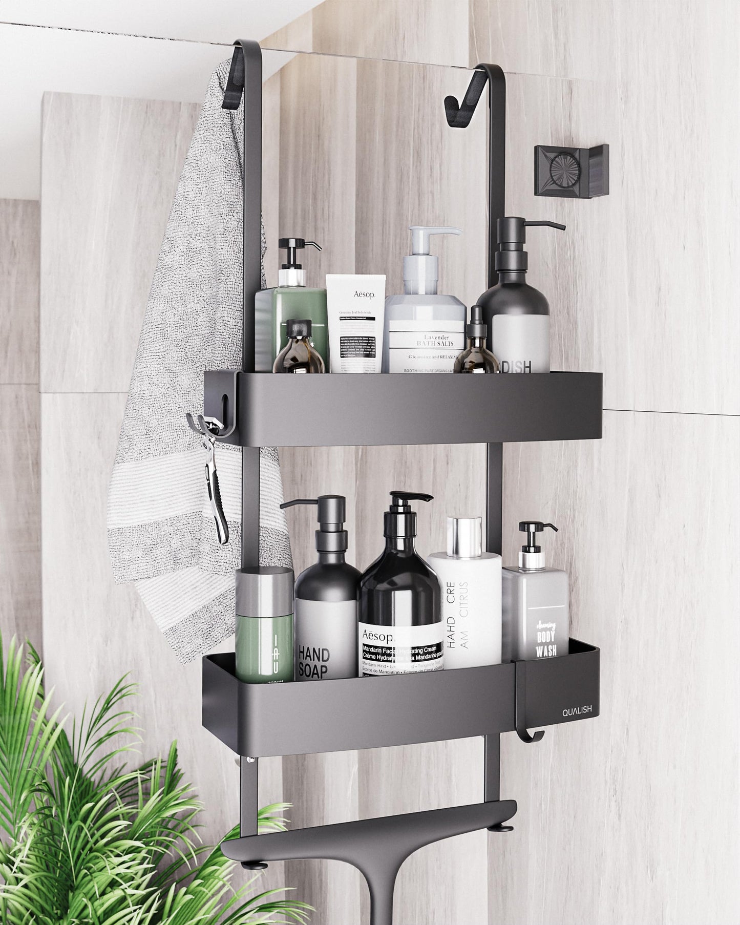 QUALISH® hanging shower shelf - shower caddy hanging on the shower wall - hanging shower basket with glass protection and additional hooks - hanging shower shelf - no drilling required - matte black