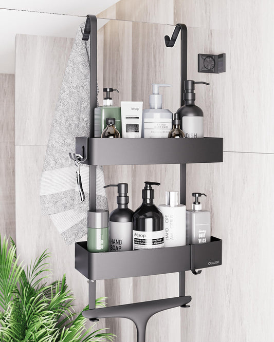 QUALISH® hanging shower shelf - shower caddy hanging on the shower wall - hanging shower basket with glass protection and additional hooks - hanging shower shelf - no drilling required - matte black
