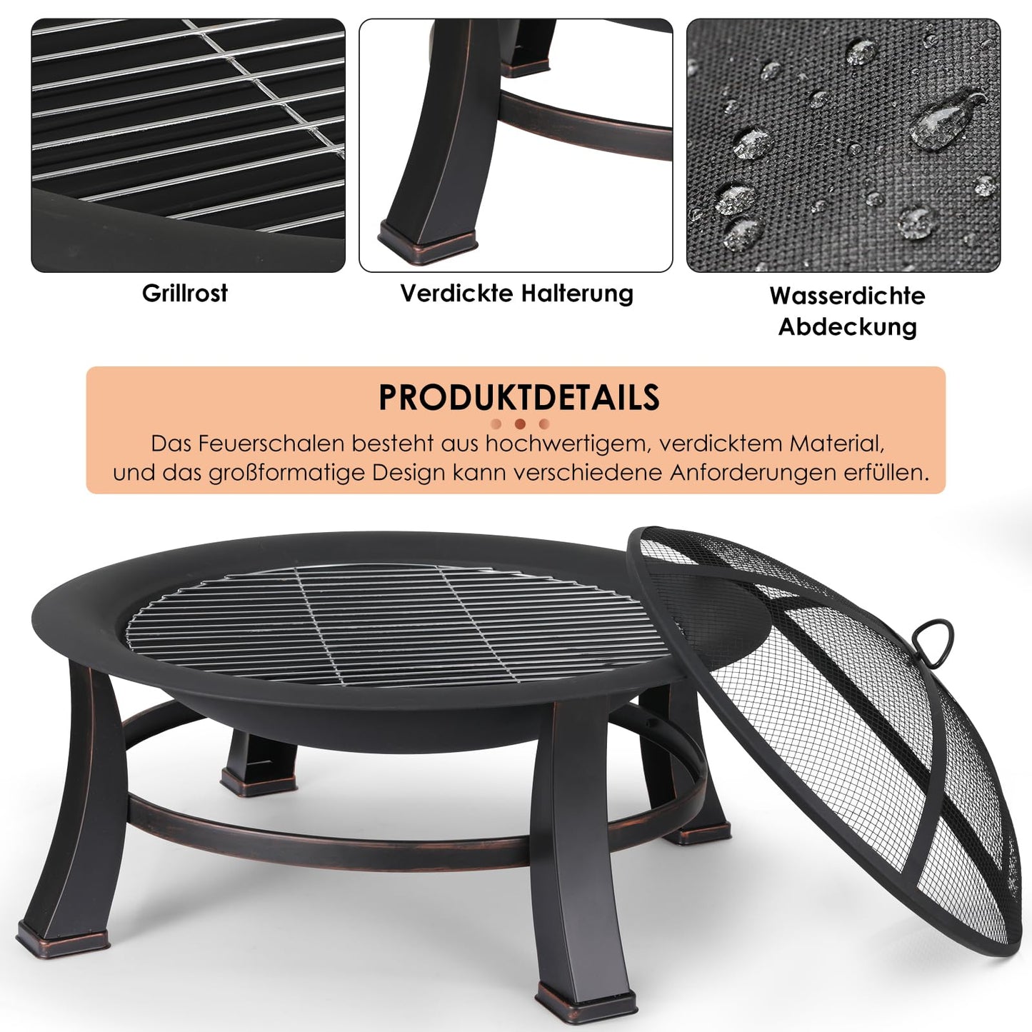 TLGREEN fire pit with spark protection, Φ76cm fire bowl with grill grate, retro-style fire pit for the garden, BBQ fire pit grill, stable and functional, black, large.