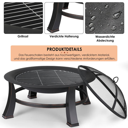 TLGREEN fire pit with spark protection, Φ76cm fire bowl with grill grate, retro-style fire pit for the garden, BBQ fire pit grill, stable and functional, black, large.