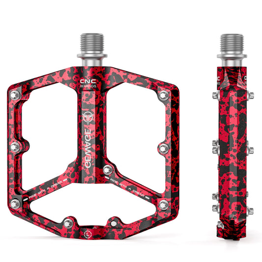 DARING Road/Mountain Bike Pedals - 3 Bearing Bike Pedals - CNC-machined 9/16-inch Flat Pedals with Removable Anti-slip Pins (Red Camouflage)