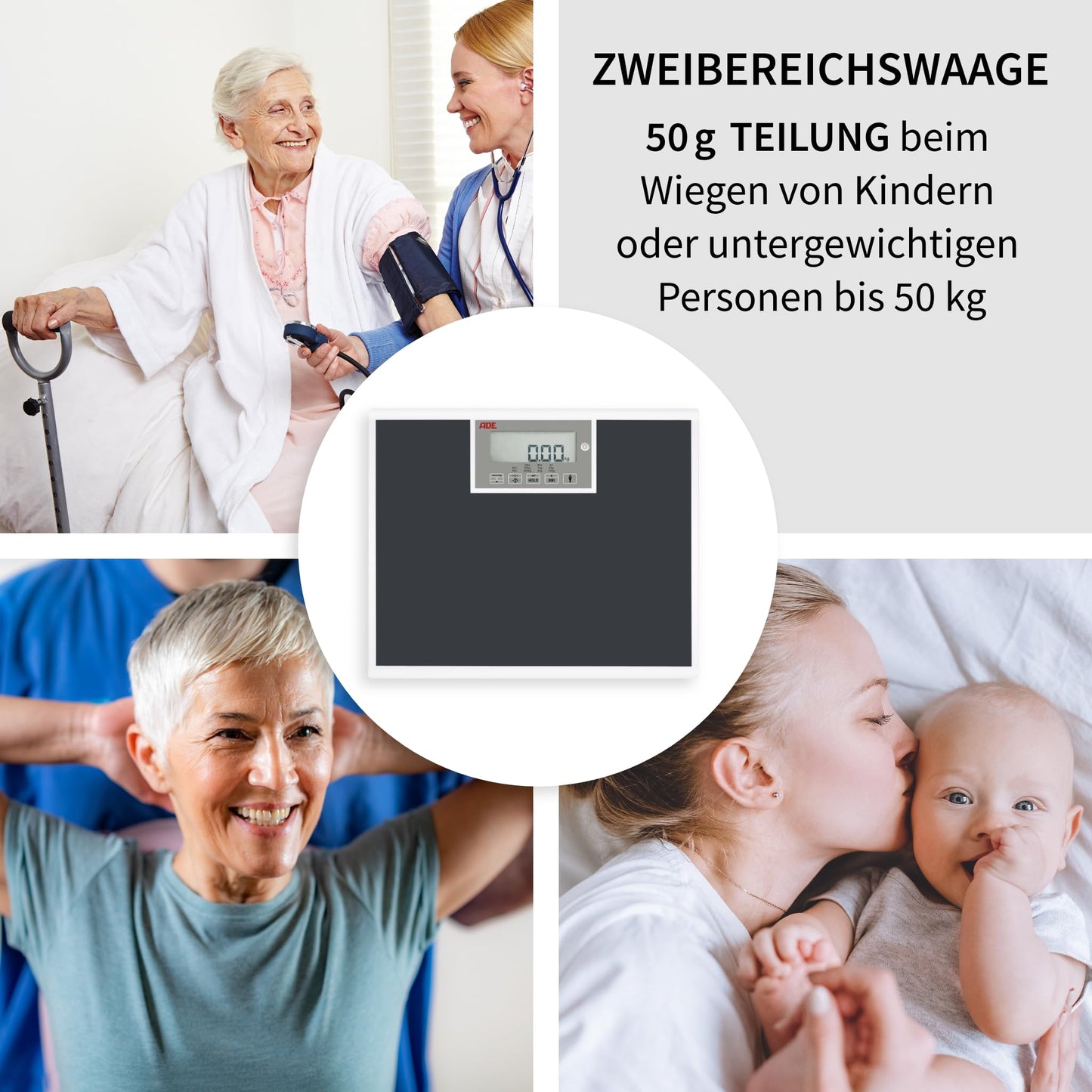 ADE medical personnel scale M320600 professional scale up to 250 kg, extra wide weighing surface, MPG approved, non-calibrated - BMI, hold function, rotatable display