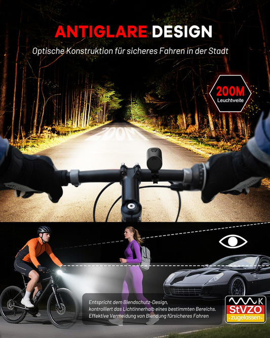 SFGSUP LED Bike Light Set, StVZO Approved Front & Rear Bike Lights, Bike Light Set USB Rechargeable, IPX5 Waterproof Bike Lamp