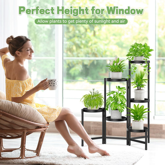 JC-Houser 6-Tier Plant Stand Flower Stand Metal, Plant Rack Flower Shelf Corner Indoor Outdoor, Foldable Flower Ladder Plant Stairs Plant Stand for Garden Balcony Living Room (Black)