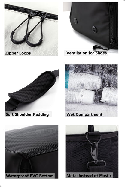 Fitgriff® sports bag & travel bag V2 for women and men - with shoe compartment & wet compartment - bag for sports, fitness, travel - training bag, gym bag, (Black/Cream White, Small)