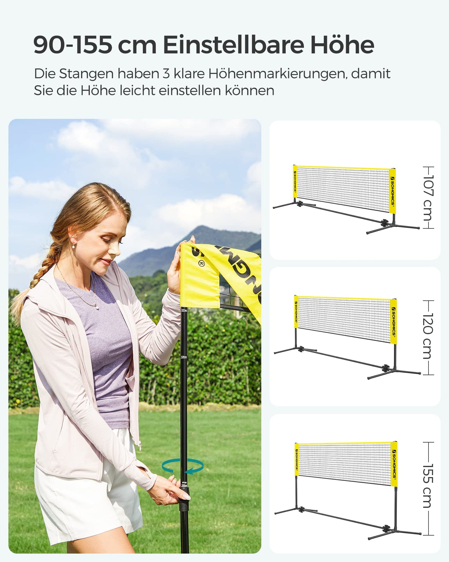 SONGMICS 3m Badminton Net, Volleyball Net, adjustable poles, portable set for tennis, beach volleyball, for garden, park, outdoor, Yellow SYQ300Y