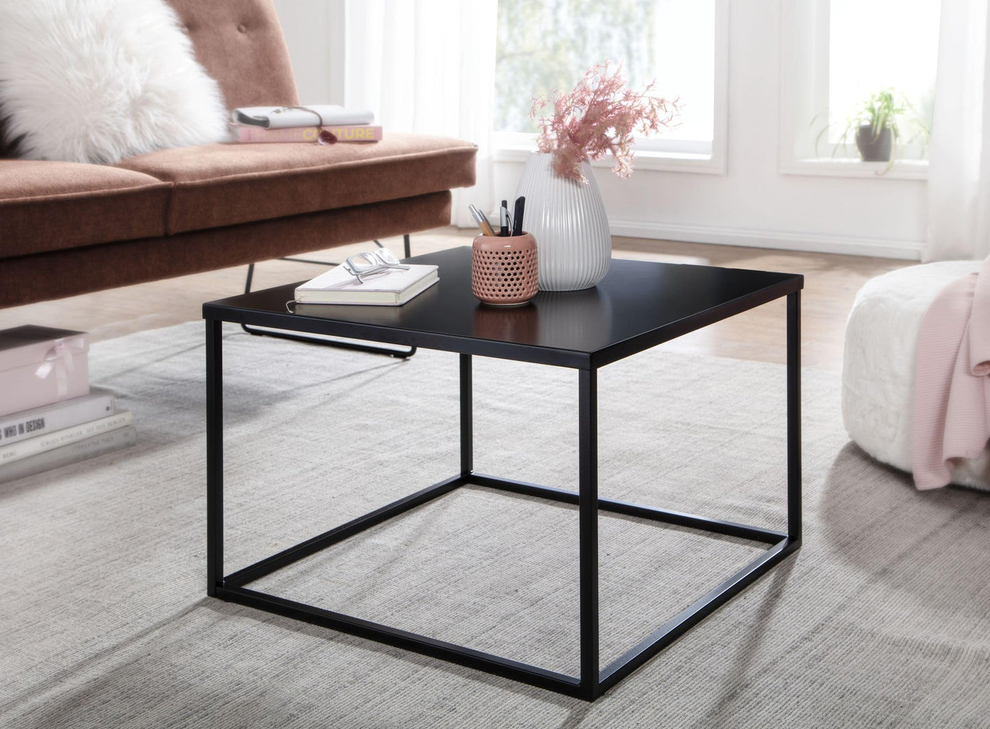 FineBuy coffee table 60x60x40 cm metal living room table industrial black, square side table, lounge table steel, square end table