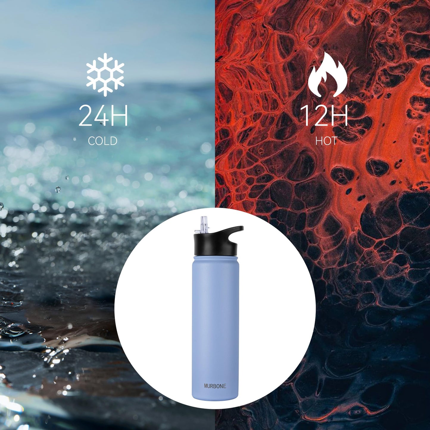 MURBONE Stainless Steel Water Bottle 750ml (+2 lids) with Straw, BPA Free, Leak-proof Thermos, Carbonation Compatible, Vacuum Insulated Double Wall for Sports, Travel, Camping (4-pack)