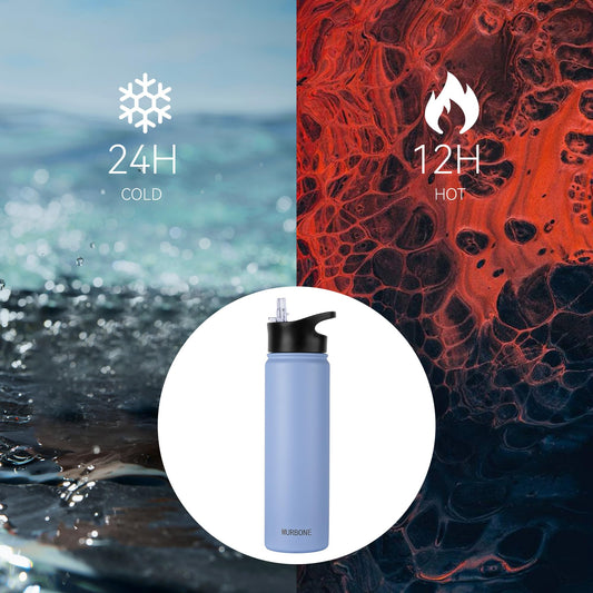 MURBONE Stainless Steel Water Bottle 750ml (+2 lids) with Straw, BPA Free, Leak-proof Thermos, Carbonation Compatible, Vacuum Insulated Double Wall for Sports, Travel, Camping (4-pack)