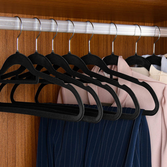Juskys Velvet Hangers 50-piece Set - nonslip, slim, space-saving - flocked velvet hangers - swivel hooks - 50 Black Hangers