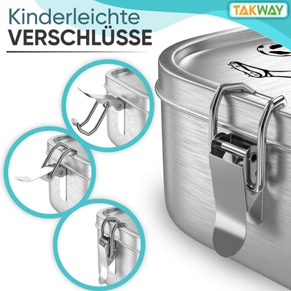 TAKWAY stainless steel lunchbox for kids with compartments 800ml | Leakproof | Bento box with adjustable dividers | Snack box lunchbox for kindergarten school (soccer, divider)