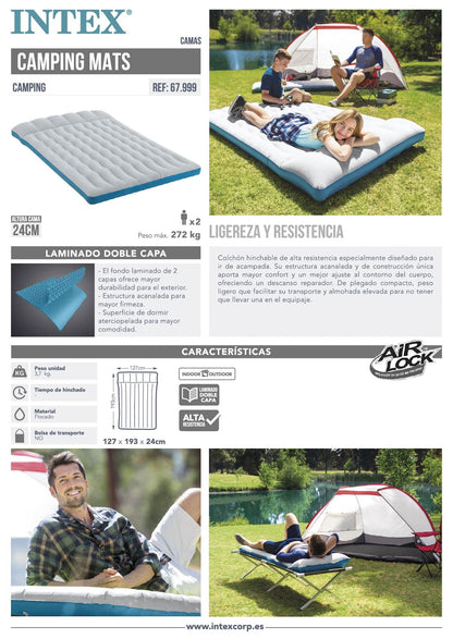 Intex 67999 - Inflatable Double Camping Mat, Laminate, Gray and Light Blue, 127 x 193 x 24 cm.