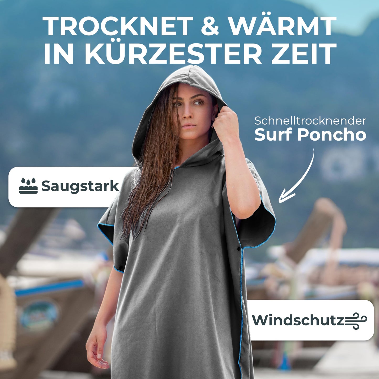 NirvanaShape adult towel poncho, perfect for changing and drying off, with quick-dry function. Great for surfing, camping, sauna, snorkeling, and the beach while traveling.