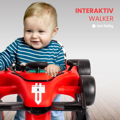 Sun Baby 3in1 Walker with adjustable height, Formula racing design, interactive features, foldable with safety stopper, buttons, lights, and sounds for babies 6 months and up (Red)