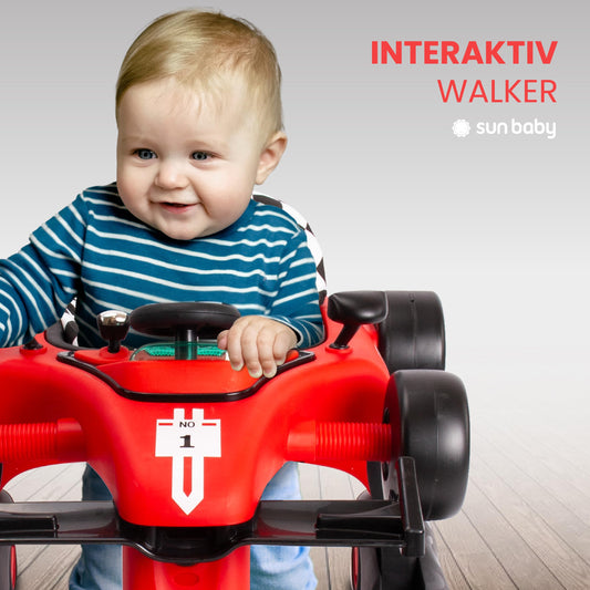 Sun Baby 3in1 Walker with adjustable height, Formula racing design, interactive features, foldable with safety stopper, buttons, lights, and sounds for babies 6 months and up (Red)