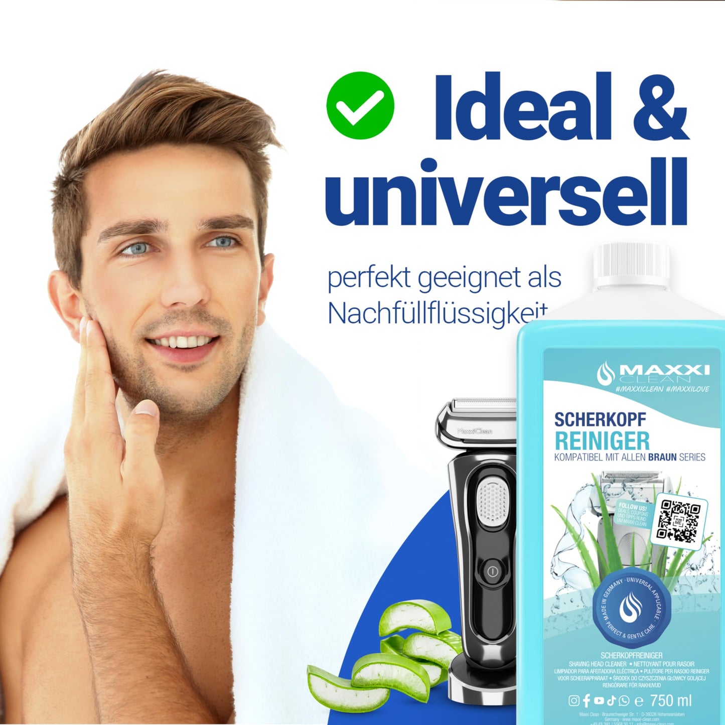Maxxi Clean | 3x 750 ml Refill Liquid Shaver Head Cleaner for Cleaning Cartridge | Razor Cleaning Liquid compatible with Braun Cleaning Station | Cleaning Spray with Aloe Vera Scent