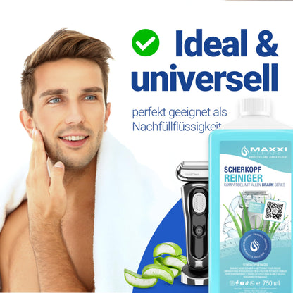 Maxxi Clean | 3x 750 ml Refill Liquid Shaver Head Cleaner for Cleaning Cartridge | Razor Cleaning Liquid compatible with Braun Cleaning Station | Cleaning Spray with Aloe Vera Scent