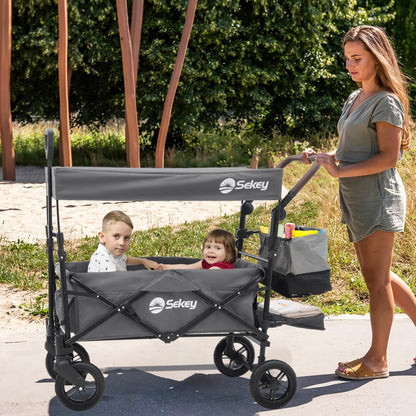 Sekey Folding Wagon with Canopy 2 Kids 220 lbs, Foldable Handcart with Push Handle, Stroller Shockproof PU Wheels with Brakes 110L, SS5050, Gray