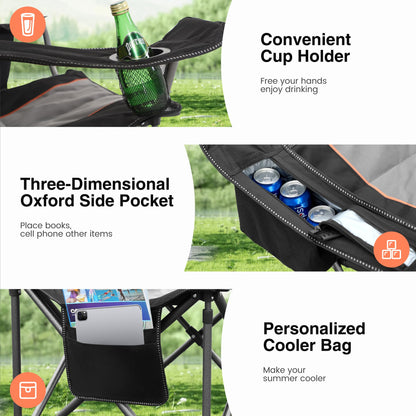HIGH POINT SPORTS Folding Camping Chair 2-Pack 440lbs Foldable Padded Chair with Cup Holders XXL Folding Fishing Chair with Armrests Outdoor Chair Black