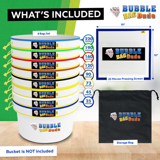 BUBBLEBAGDUDE Bubble Bags - All Mesh 1 Gallon, 8 pack - Complete herbal ICE Bubble Bag Extraction Kit with 10 x 10 inch pressing screen & storage pouch.
