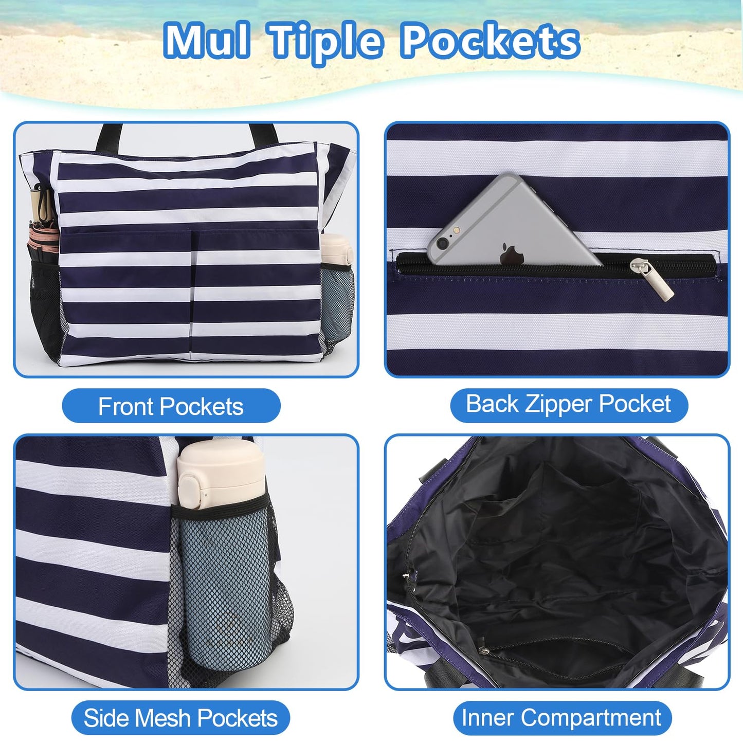 TAHAVICE zipper beach bag for women, large beach bag xxl for family, waterproof ladies' beach bag, beach bag tote for beach trips pool gym.