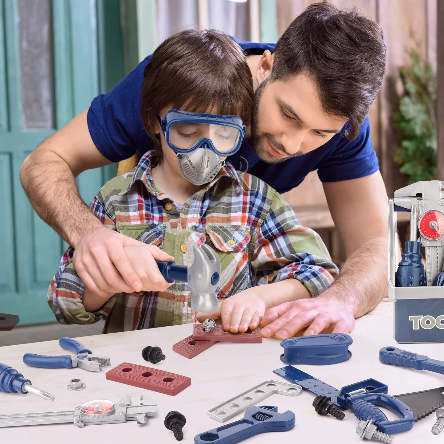 Vanplay toy for kids aged 3 years and up, tool set for children with toolbox, measuring tape, assembly car, drill, tool belt, STEM toy for kids 3-7 boys girls (87 pcs)
