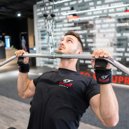 Lifting straps support strength training fitness hooks. Power metal hooks used for weightlifting. Wristbands made of neoprene and padded for deadlifts in the gym. Grip straps for added support.
