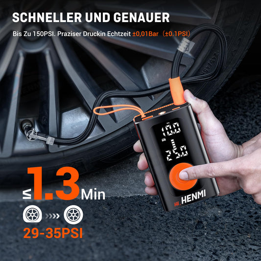 HENMI Electric Air Pump 7500mAh, Portable Mini Compressor with all valves 10.3 Bar, Electric Bicycle Pump with Digital Display Gauge for Bicycle, E-Bike, Car, Motorcycle, Balls.