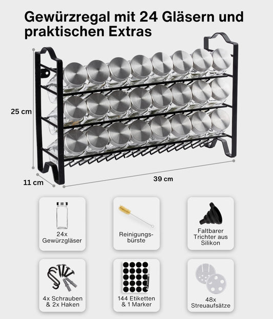 Deco Home® Standing & Wall Spice Rack [WITH SPICE CANS & LABELS] - Spices Organizer - Spice Rack - Spice Stand - Hanging Spice Rack System - Spice Storage - Spice Jars with Shelf