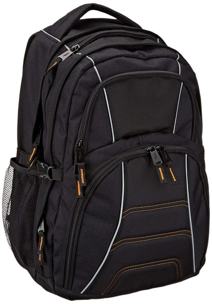 Amazon Basics laptop backpack with padded shoulder straps and storage compartments for pens, keys, phone, suitable for most laptops up to 17 inches, Black.
