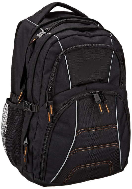 Amazon Basics laptop backpack with padded shoulder straps and storage compartments for pens, keys, phone, suitable for most laptops up to 17 inches, Black.