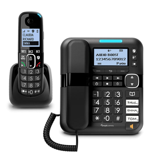 Amplicomms BigTel 1580 Combo DECT Large Button Phone, answering machine, additional handset, audio boost, extra loud ringtones, hearing aid compatible, black.
