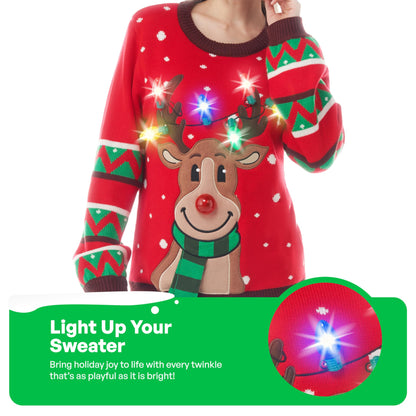 JOYIN Women's LED Light-Up Reindeer Ugly Christmas Sweater with Built-In Lights, Large.