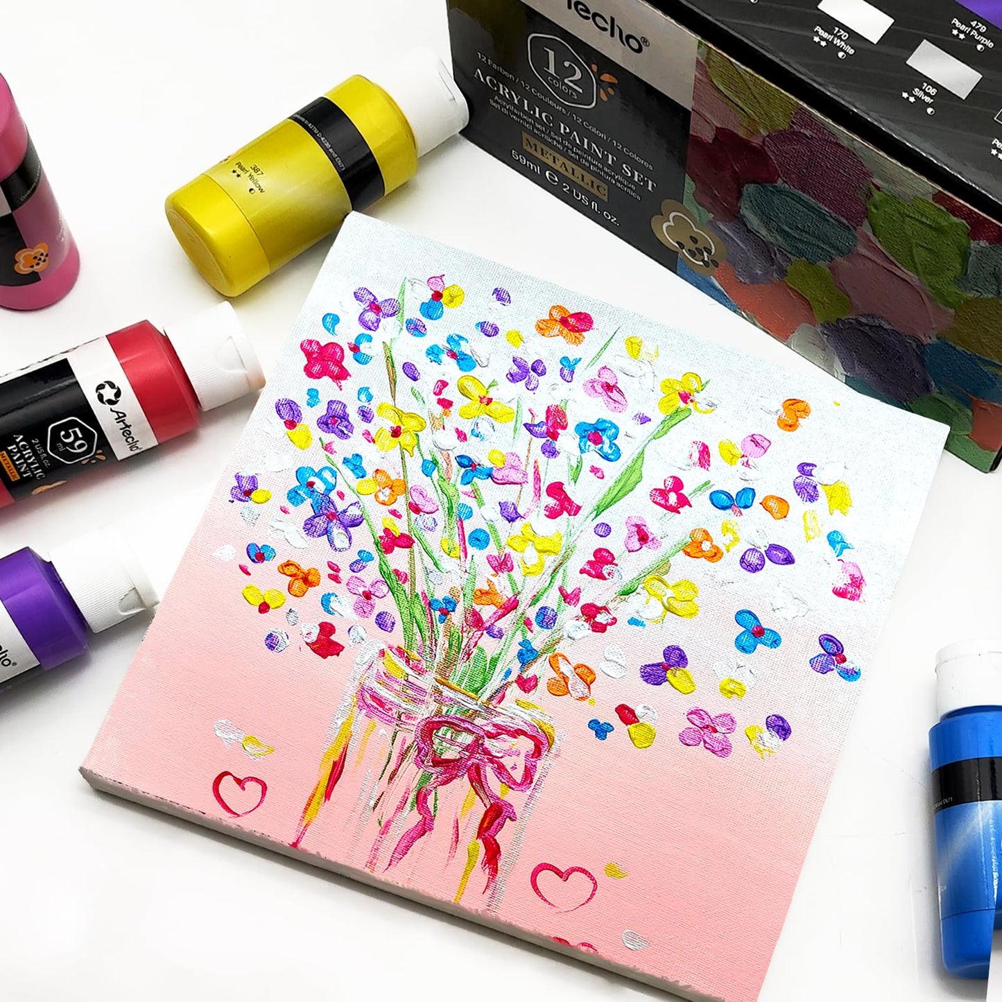 Artecho Metallic Acrylic Paint Set 12x59ml, Non-toxic metallic colors, waterproof and lightfast, fast drying, perfect for canvas, paper, and fabrics.