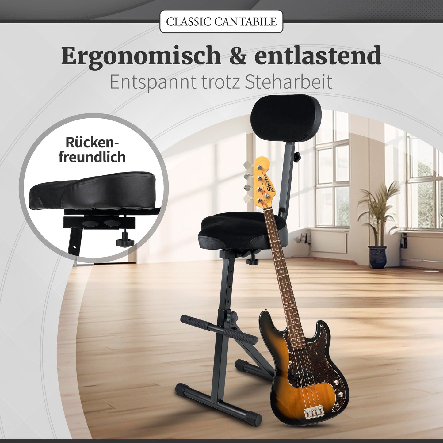 Classic Cantabile ST-200 PRO Standing Aid Stool Standing Seat Bar Stool (solid steel frame, rubber feet, 5-level seat height, adjustable from 57-81 cm, seat surface WxHxD: 41 x 8.5 x 37 cm) black