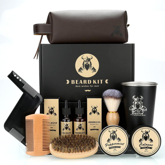 EXREIZST Beard Grooming Kit for Men, Beard Care Set with 2 Beard Oil Beard Balm Beard Comb Beard Brush Beard Stencils Mugs Travel Bag, suitable for birthday gifts for men Him Father Husband Brother Friend