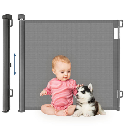 HollyHOME Retractable Stair Gate 0-180cm, Extra Wide Baby Gate, One-Hand Operation, Door Gate for Babies and Pets, Child Safety Gate, Mesh Gate for Stairs, Doors, Hallways, Grey.