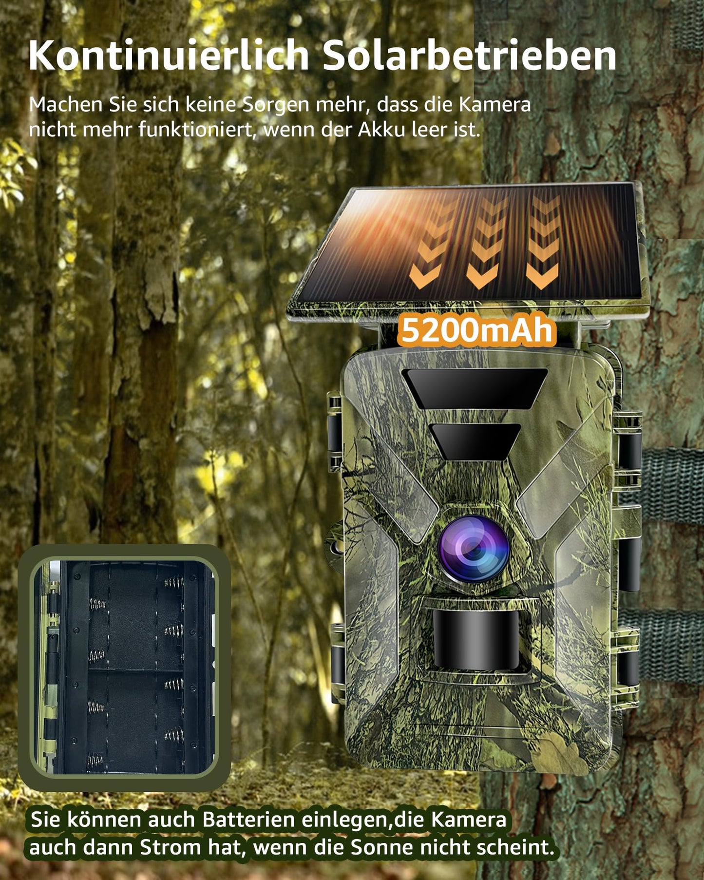 HAZA trail camera with solar panel and WiFi, 5200mAh battery, 4K HD video, Bluetooth, night vision, motion sensor, and 64GB SD card. IP66 waterproof for outdoor use. Download app for smartphone viewing.