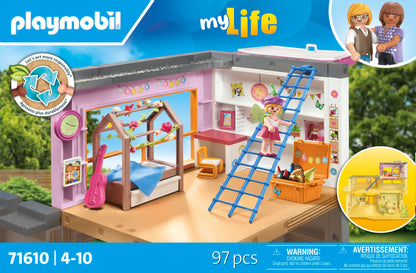 PLAYMOBIL MyLife 71610 Kids' Room, includes a girl figure and a sticker sheet, made from over 80% recycled and bio-based materials, diverse toys for children aged 4 and up.