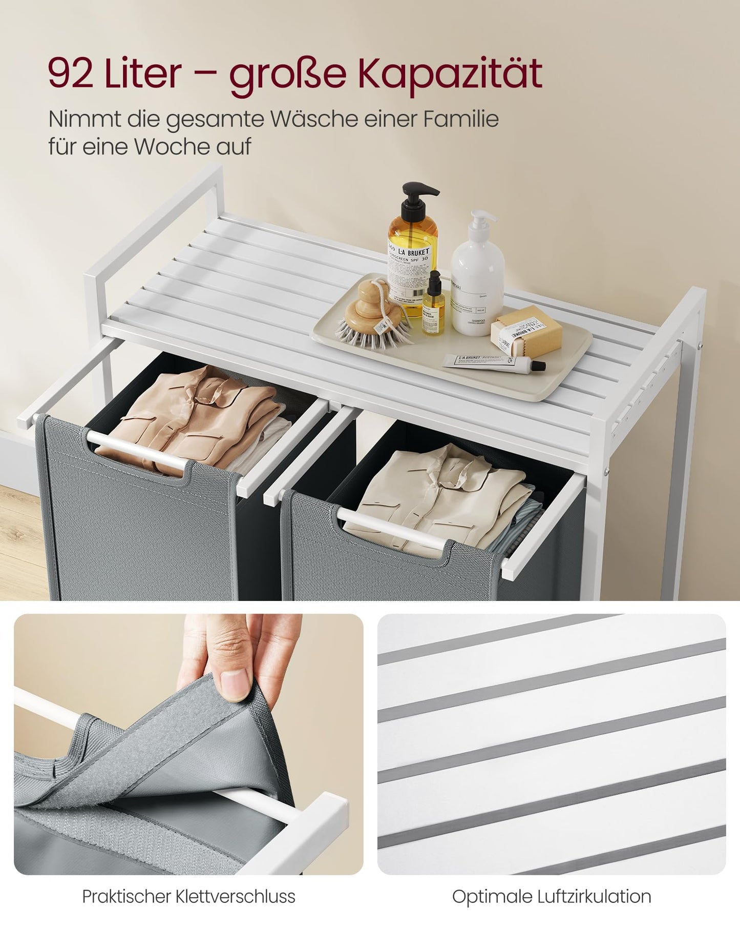 VASAGLE laundry basket with 2 compartments, laundry collector with shelf, laundry box, laundry bag made of Oxford fabric removable, metal frame, 2 x 46 L, 73 x 33 x 72 cm, slate grey-matte white BLH201W11