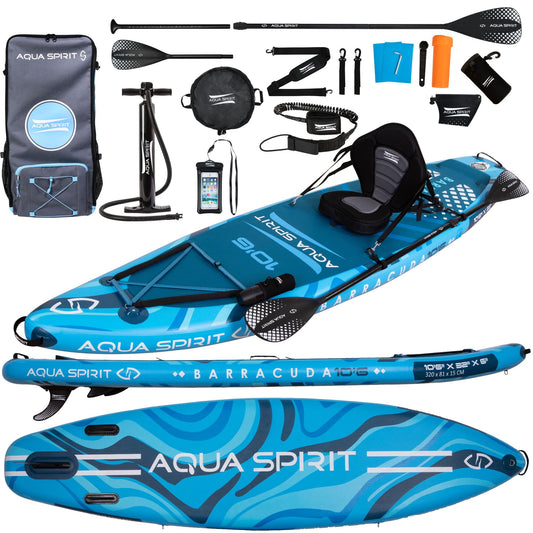 Aqua Spirit SUP Inflatable Stand-Up Paddle Board 2024 | 320x81x15cm | Complete Kayak Conversion Kit with Paddle, Backpack, Pump, and more accessories | Adult Beginners/Experts | 2-year warranty