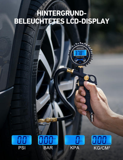 AstroAI Digital Tire Inflator with Gauge, 250 PSI, Air Chuck and Compressor Accessories, Durable, with Rubber Hose and Quick Connect Coupler for 0.1 Screen Resolution